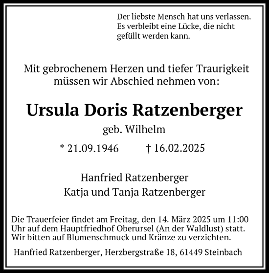 Traueranzeige von Ursula Doris Ratzenberger von FNP