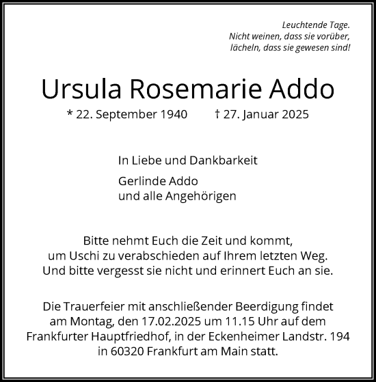 Traueranzeige von Ursula Rosemarie Addo von FNP