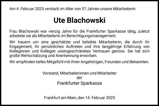 Traueranzeige von Ute Blachowski von FNP