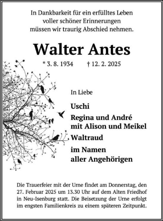 Traueranzeige von Walter Antes von FNP