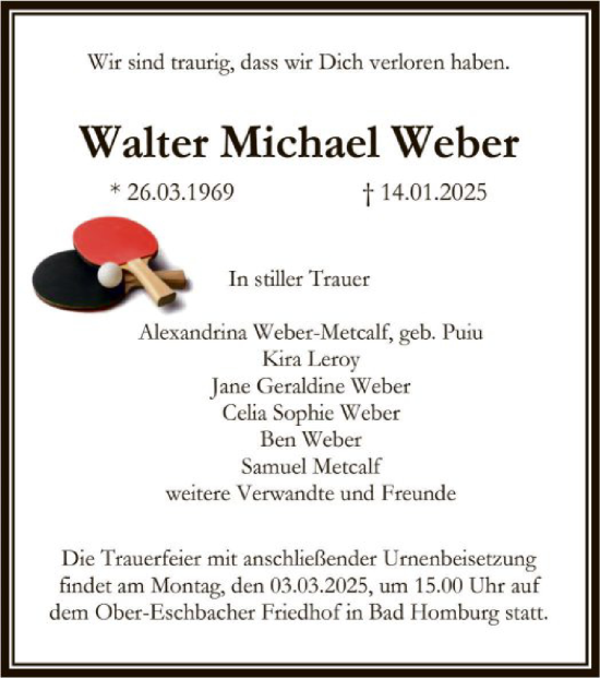 Traueranzeige von Walter Michael Weber von FNP