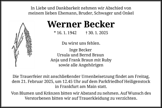 Traueranzeige von Werner Becker von FNP