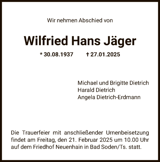 Traueranzeige von Wilfried Hans Jäger von FNP