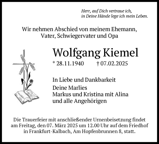 Traueranzeige von Wolfgang Kiemel von FNP