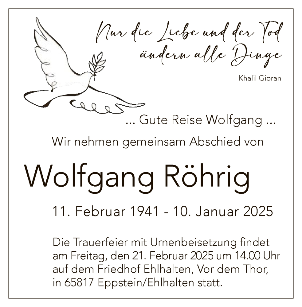  Traueranzeige für Wolfgang Röhrig vom 15.02.2025 aus FNP