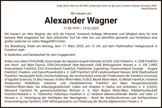 Traueranzeige von Alexander Wagner von FNP