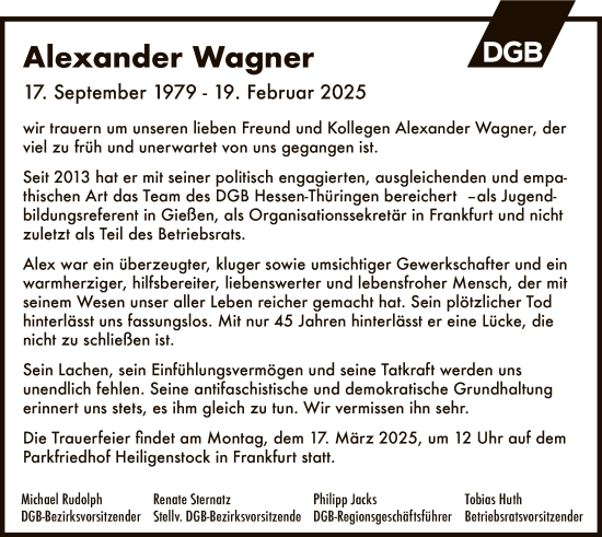 Traueranzeige von Alexander Wagner von FNP