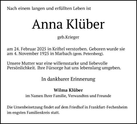 Traueranzeige von Anna Klüber von FNP