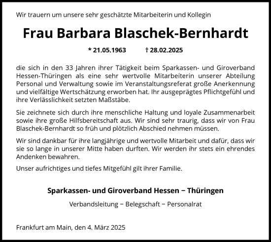 Traueranzeige von Barbara Blaschek-Bernhardt von FNP