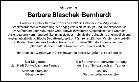 Traueranzeige von Barbara Blaschek-Bernhardt von FNP