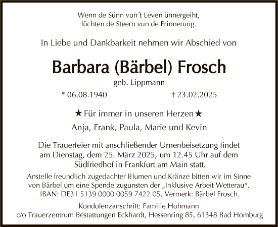 Traueranzeige von Barbara Frosch von FNP