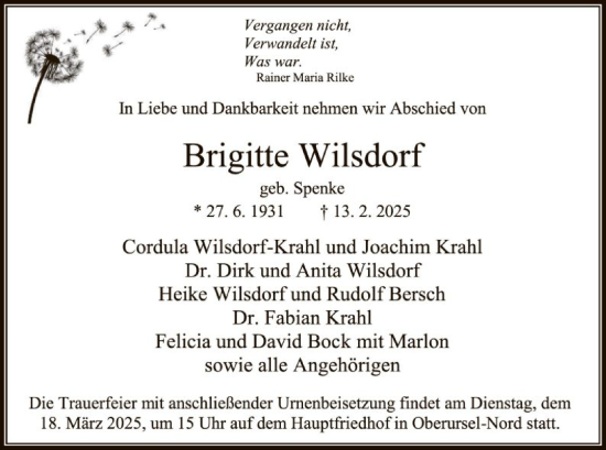 Traueranzeige von Brigitte Wilsdorf von FNP