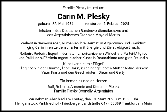 Traueranzeige von Carin Plesky von FNP