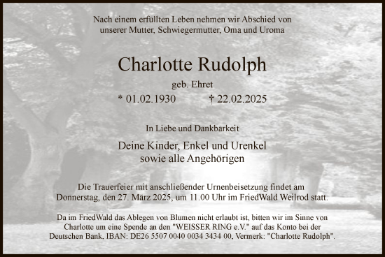 Traueranzeige von Charlotte Rudolph von FNP