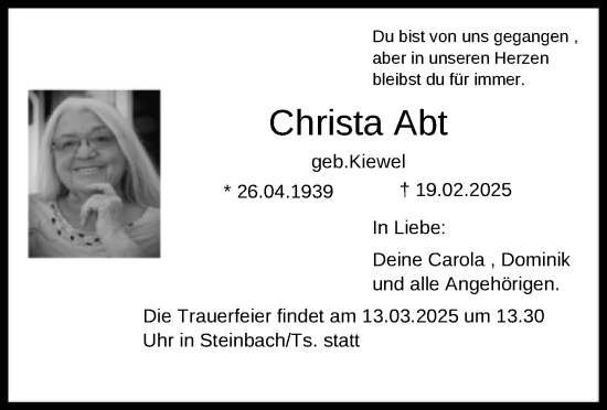 Traueranzeige von Christa Abt von FNP