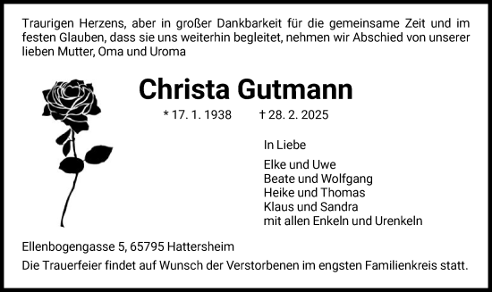 Traueranzeige von Christa Gutmann von FNP