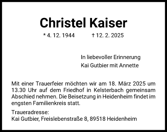 Traueranzeige von Christel Kaiser von FNP