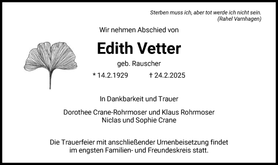 Traueranzeige von Edith Vetter von FNP