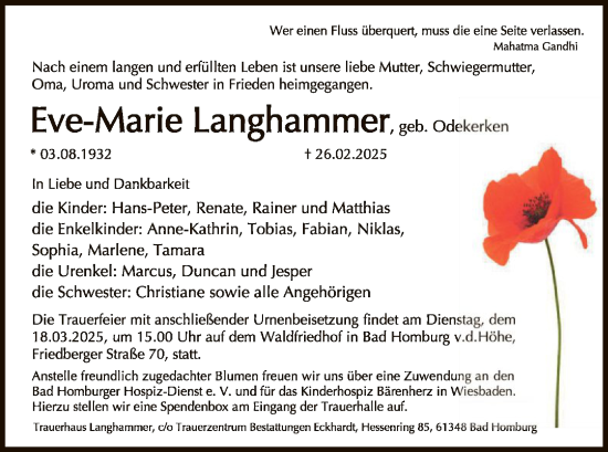 Traueranzeige von Eve-Marie Langhammer von FNP