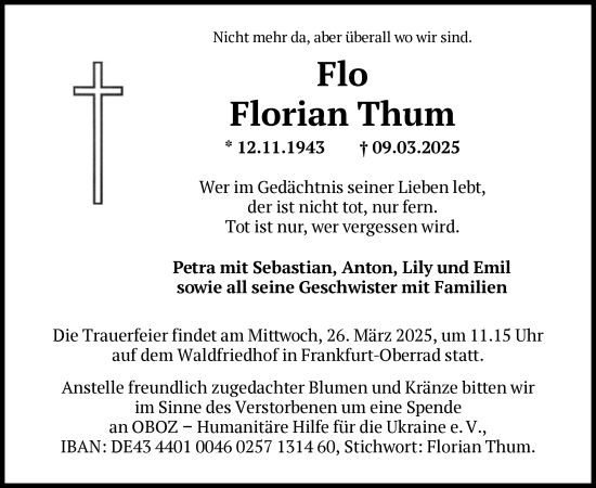 Traueranzeige von Florian Thum von FNP