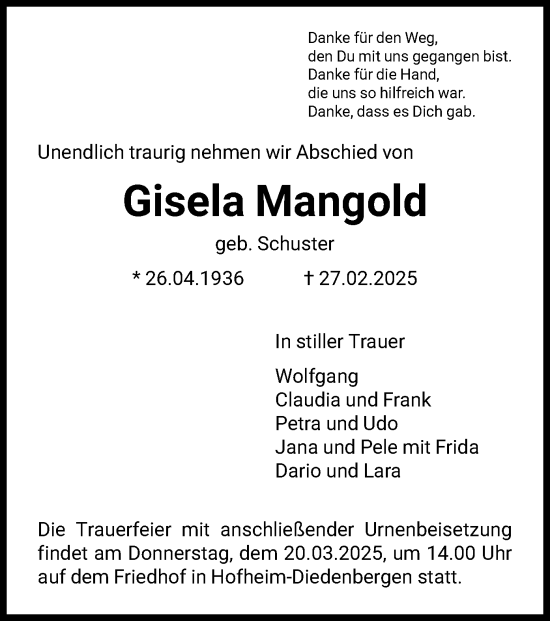 Traueranzeige von Gisela Mangold von FNP