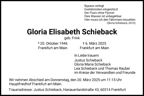 Traueranzeige von Gloria Elisabeth Schieback von FNP