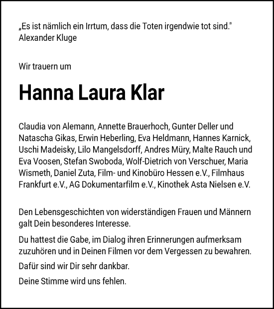 Traueranzeige von Hanna Laura Klar von FNP