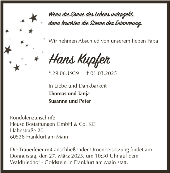 Traueranzeige von Hans Kupfer von FNP