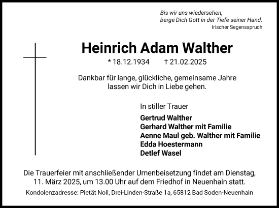 Traueranzeige von Heinrich Adam Walther von FNP