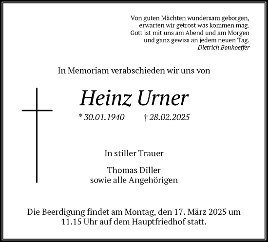 Traueranzeige von Heinz Urner von FNP