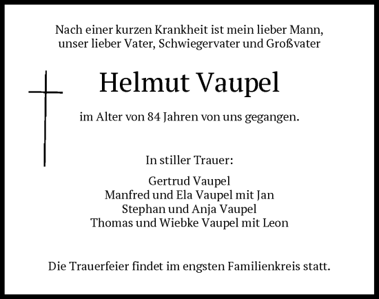 Traueranzeige von Helmut Vaupel von FNP