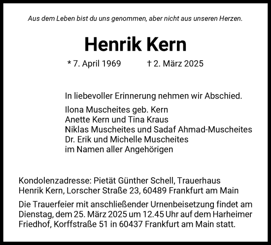 Traueranzeige von Henrik Kern von FNP