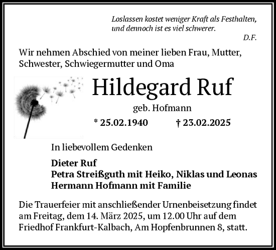 Traueranzeige von Hildegard Ruf von FNP