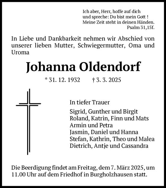 Traueranzeige von Johanna Oldendorf von FNP