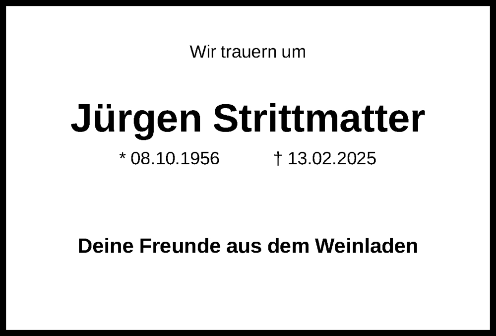  Traueranzeige für Jürgen Strittmatter vom 08.03.2025 aus FNP