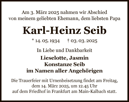 Traueranzeige von Karl-Heinz Seib von FNP