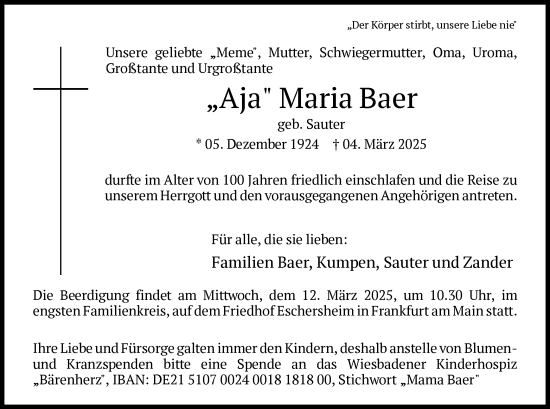 Traueranzeige von Maria Baer von FNP