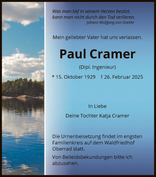 Traueranzeige von Paul Cramer von FNP