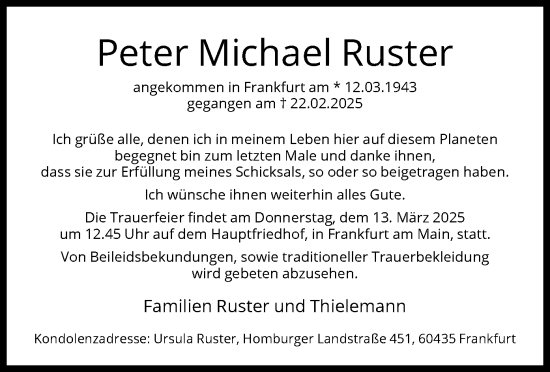 Traueranzeige von Peter Michael Ruster von FNP