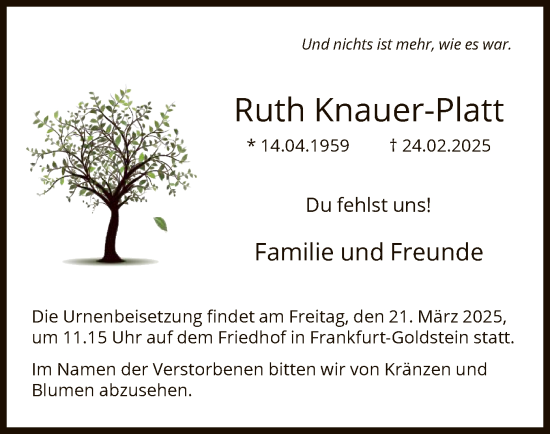 Traueranzeige von Ruth Knauer-Platt von FNP