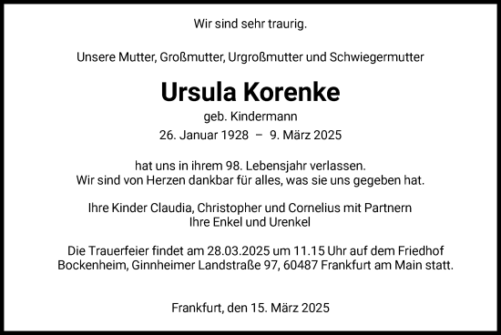 Traueranzeige von Ursula Korenke von FNP