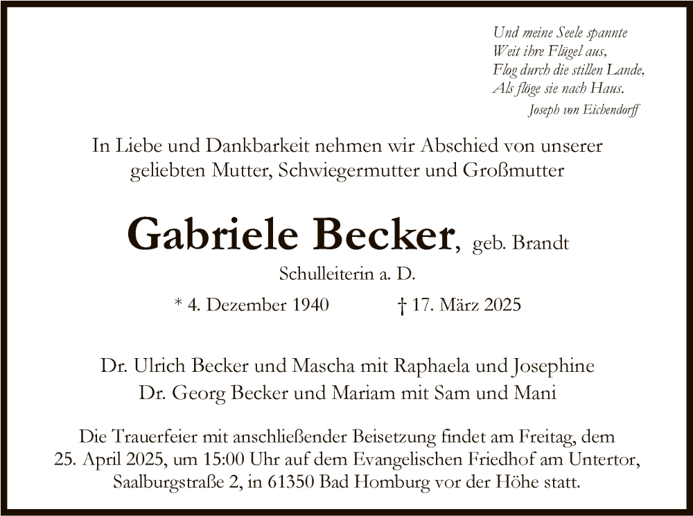  Traueranzeige für Gabriele Becker vom 19.04.2025 aus FNP