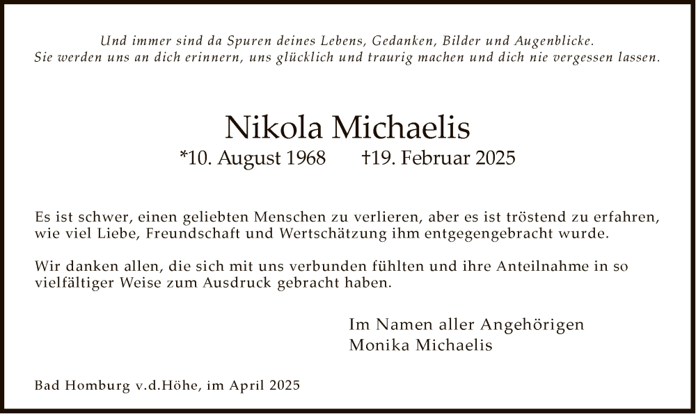 Traueranzeige für Nikola Michaelis vom 05.04.2025 aus FNP