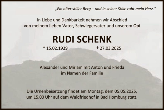 Traueranzeige von Rudi Schenk von FNP