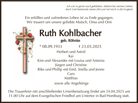 Traueranzeige von Ruth Kohlbacher von FNP