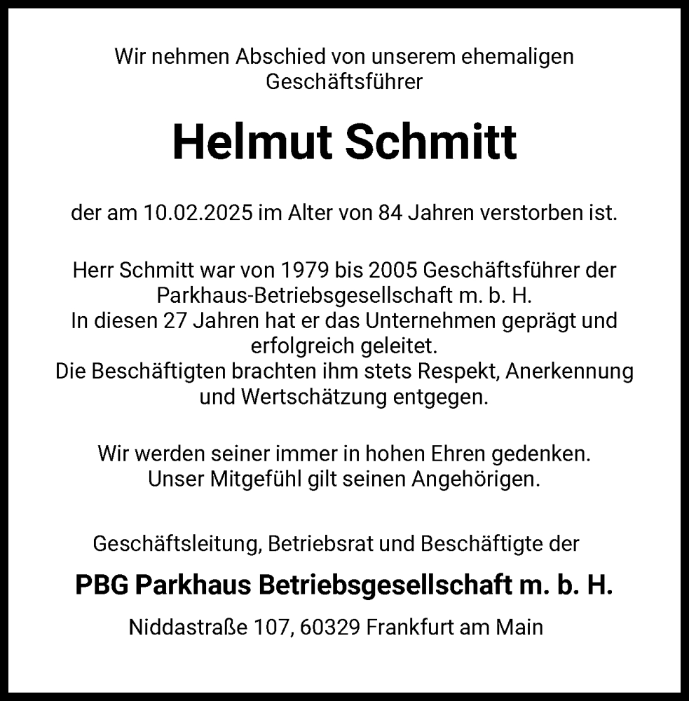  Traueranzeige für Helmut Schmitt vom 15.05.2025 aus FNP