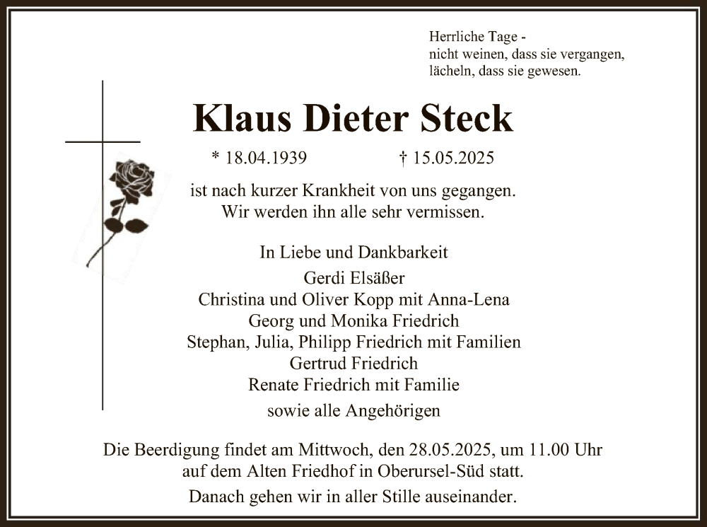  Traueranzeige für Klaus Dieter Steck vom 24.05.2025 aus FNP