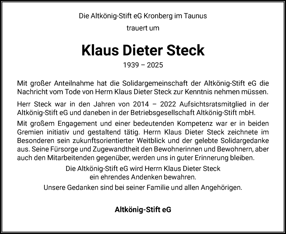  Traueranzeige für Klaus Dieter Steck vom 24.05.2025 aus FNP