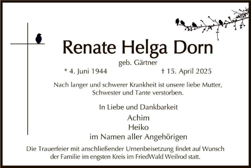  Traueranzeige für Renate Helga Dorn vom 03.05.2025 aus FNP
