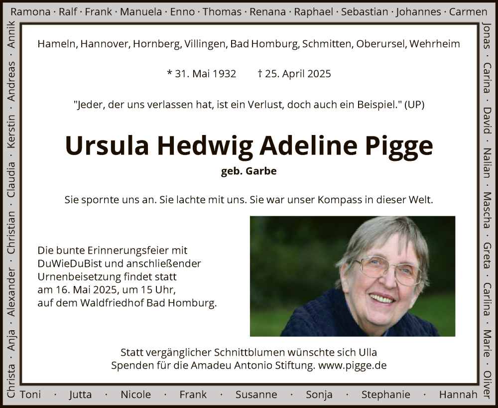  Traueranzeige für Ursula Hedwig Adeline Pigge vom 10.05.2025 aus FNP